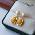 wholesale S925 sterling silver wholesale natural aged amber earrings with pearl drop, pure silver ear studs, high-end amber ear jewelry-0-1