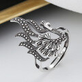 wholesale S925 Sterling Silver Exaggerated Hollow-Out Peacock Phoenix Ring, Bold Fashion Ethnic Style Classical Index Finger Ring for Men and Women-0-0