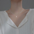wholesale S925 Silver Cross Necklace with Sparkling Beaded Chain and Round Pearls, Elegant Women's Collarbone Chain D8609-0-1