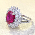 wholesale S925 Silver New Zhuo Zhifan Oval 8*10mm Simulated Diamond Pigeon Blood Red Floral Cluster Ring Wedding Band-0-1