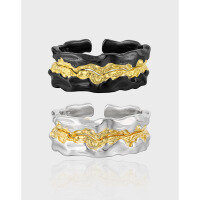 wholesale S925 Sterling Silver Original Two-Tone Plating Stackable Minimalist Ring with Edgy Irregular Texture Design Unisex-JL233/Narrow Face [White Gold + 18K Gold] &gt; Opening Adjustable