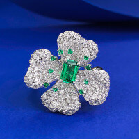 wholesale 925 Silver Four-Leaf Clover Petal 4*6mm Green Zircon Ring for Women, Elegant and Stylish Fashion Ring-K067 Emerald Ring Adjustable opening