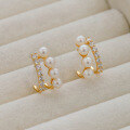 wholesale Metal material first, Japanese new small minimalist design freshwater pearl earrings ete same double row zircon earrings-0-3