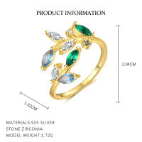 wholesale S925 Sterling Silver Adjustable Floral Ring With Colorful Zirconia, Elegant Nature-inspired Design-K2139-Gold/Adjustable