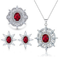 wholesale S925 Sterling Silver Sunflower Earrings with Colored Gemstone Ring and Ruby Necklace Jewelry Set Three-Piece Suite High-End-Earrings TLED137 925 silver