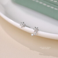 wholesale S925 Sterling Silver Minimalist Floral Ear Studs For Women, Asymmetrical Earrings For Students, Hypoallergenic For Pierced Ears, Wholesale-Platinum 925 silver