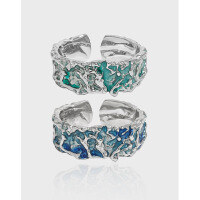 wholesale S925 sterling silver 756 minty mambo ins niche design irregular texture drip glaze adjustable open ring for women-Platinum [Green glaze dripping]>Opening adjustable