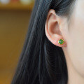 wholesale Gold-Plated 925 Silver Vintage Style Certified Hetian Jade Earrings Minimalist Octagonal Set Jasper Half-Circle Stud Earrings-0-1