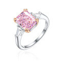 wholesale 925 Silver European and American Cross-Border 4-Carat High-Carbon Square Diamond Women's Ring Pink Frosted Ice Flower Ring for Women Light Luxury High-End Feel-0-0
