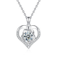 S925 Sterling Silver Moissanite Rose Heart Pendant Necklace-Heart-shaped rose necklace (white gold)  1-carat moissanite