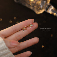 wholesale 925 Sterling Silver Bow Earrings For Women, Pure Silver, Japanese And Korean Design, Niche, Hypoallergenic For Pierced Ears, Luxury, Minimalist Ear Accessories-Gold/999 Pure Silver