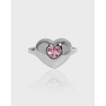 wholesale S925 Sterling Silver Korean Version Ins Designed Geometric Heart-shaped Inlaid Pink Zircon Textured Open Adjustable Ring for Women-0-0