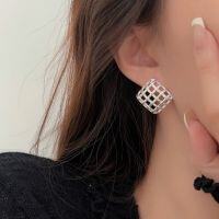 wholesale S925 Sterling Silver Geometric Square Mesh Earrings Women's French Hollow-Out Large Ear Hoops-Sterling silver