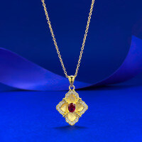 wholesale S925 silver gold-plated vintage-style silver setting with pigeon blood red four-season diamond-cut floral pendant from MuJing Jewelry-N523 Four Seasons Diamond Flower Pendant 925 Silver