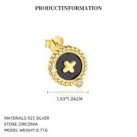 wholesale S925 Sterling Silver Round Vintage Button Earrings with Inlaid White Shell, Luxury Advanced Style, Cross-Border Wholesale-YE0205_White Zirconium/Black Agate_18K Yellow Plated_Pair_With Small Flower Ear Caps 925 Silver