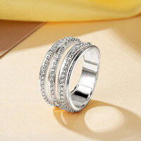 Zircon Geometric Design Three-Row Ring for Women, Light Luxury, Versatile Commuting Style-Multi-strand diamond ring [K white]  9 US size