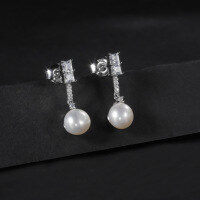 wholesale S925 Sterling Silver Fashionable Light Luxury Style Natural Freshwater Pearl Earrings Women Elegant Gemstone Inlaid Ear Studs-S925 sterling silver inlaid with natural pearls + white zirconium 925 silver
