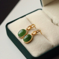 wholesale 925 Silver Inlaid Natural Hetian Jade Jasper Stud Earrings, New Chinese Style Live Streaming Hit-Jadeite Green Egg-shaped Earrings 925 Silver