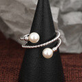 wholesale S925 silver wire design pearl ring for women, open adjustable ring with twist design, trendy Temu new accessory-0-3