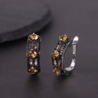 wholesale S925 sterling silver dark gothic-style earrings with group-set garnet, topaz, and crystal gemstones, hot-selling for foreign trade-Natural citrine earrings
