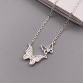 wholesale Metal: 999 Silver, Double Flying Diamond Butterfly Necklace for Women, Luxe Advanced Collarbone Chain, Unique New Style Birthday Gift-0-1