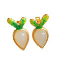 wholesale Gold-plated 925 Sterling Silver Enamel Carrot Waterdrop Hetian Jade Earrings, Small Design Ear Studs-0-4