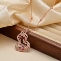 wholesale Gold metal material new Chinese style hollow red gemstone gourd necklace with golden vine, women's lightweight luxury high-end sense fashion versatile Chinese wind sweater chain-xb1393-white gold red (chain length 54+5cm)