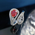 wholesale Metal: 925 Sterling Silver, 6*8mm Pear Cut Pigeon Blood Red Adjustable Ring for Women, European and American Fashion, Versatile Styling, Mu Jing Jewelry New Collection-0-1
