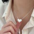 wholesale 925 Sterling Silver Brushed Matte Large Heart Pendant Necklace for Women, Korean Summer New Arrival, Minimalist High-End Collarbone Chain-0-2