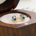 wholesale S925 Sterling Silver Japanese Light Luxury Blue Green Quartz Vintage Earrings for Women, Hypoallergenic, Palace Style-0-2