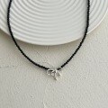 wholesale 925 Sterling Silver Korean Style Women's Pearl Bow Tie Pendant Choker Necklace, Exquisite and Sweet-0-2