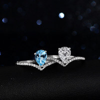 Sterling Silver Natural Blue Topaz Moissanite 1ct Pear Crown Ring-Set with white moissanite  Adjustable opening
