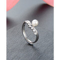 wholesale S925 Sterling Silver Japanese and Korean Style Sweet and Elegant Pearl-Inlaid Ring for Women, Single Row Diamond and Shell Pearl Openable Ring Jewelry-0-0