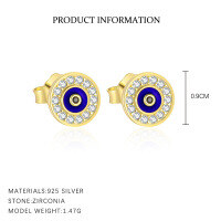 wholesale 925 Sterling Silver Demon's Eye Ear Studs With Micro-set Zirconia, Unique Women's Earrings-YE0194_White Zirconium/Black Nano_18K Yellow Plating_With Small Flower Ear Cap_Epoxy