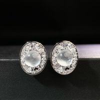 wholesale S925 Silver Needle Chalcedony Stud Earrings Egg Surface High Ice Agate Imperial Green Silver Earrings Factory Direct New Chinese Style Set-Water Jade-ED183-T