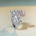wholesale 925 Sterling Silver Adjustable Open Ring with Pink Diamond, Leaf Design, Ins Style Minimalist Ring-0-1