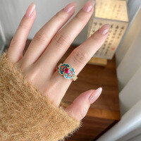 wholesale 999 Silver Live Stream Hit Ruyi Ring Palace Style Gold-Traced Enamel Treasure Hua Palace Ring R02828-999 Pure Silver Ring Adjustable opening