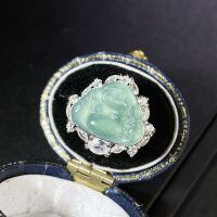 wholesale S925 Sterling Silver Women's Natural Jadeite Buddha Adjustable Ring, Live Opening, Blue WaterJadeite Wholesale-Open Ring-CBJZ480