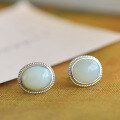 wholesale 925 silver inlaid with Hetian jade earrings, certificate Hanfu cheongsam court retro style cabochon jade earrings-0-5