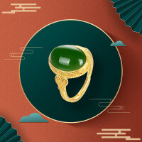 wholesale S925 Sterling Silver Adjustable Ring with Imitation Jade Design, Classic Chinese Style Auspicious Ruyi Pattern, Women's Jewelry-Gold ring>Adjustable opening