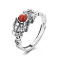 wholesale S925 Sterling Silver Antique Matte Finish Pi Coin and Southern Red Agate Ring, Literary Chinese Style-0-4