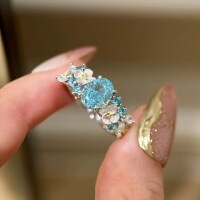 wholesale S925 Sterling Silver Flower Fairy Blue Hydrangea Paraiba Ring Vintage Luxury Fashion High-End Exquisite Diamond Ring-Platinum Gold US No. 7 (Hong Kong No. 14-15)