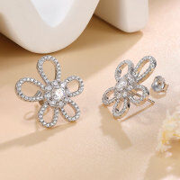 wholesale 925 sterling silver plated with 18K gold floral moissanite stud earrings for women, full moissanite diamond earrings, fashionable and elegant moissanite earrings-Platinum