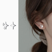 wholesale 925 Sterling Silver Minimalist Polished Four-Pointed Star Earrings Women Super Fairy Asymmetric Small Dainty Star Ear Accessories M00576-S925 silver pair gold model 925 silver