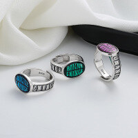 wholesale S925 Sterling Silver Wide Oval Colorful Epoxy Resin English Letter Ring, Stylish and Trendy Hip-Hop Style-618J/blue about 6.7g opening adjustable