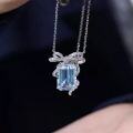 wholesale Silver-toned cross-border European and American aquamarine necklace for women with bow pendant, versatile collarbone chain, Korean-style fresh and sweet-cool girl necklace-0-2