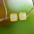 wholesale Gold-plated 925 Sterling Silver with Cold Enamel Inlaid Hetian Jade Square Stud Earrings for Women-0-3