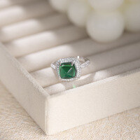 wholesale S925 Sterling Silver Full Setting Lab-Grown 9*9mm Emerald Cut Sugar Tower Full Diamond Ring-Cultured Emerald US Size 5