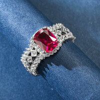wholesale 925 Silver Ring with 6*8mm Pigeon Blood Red Gemstone, Fully Embellished with Diamonds for Daily Wear, Mu Jing Jewelry New Collection-R571 Blue Diamond No. 9