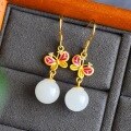 wholesale 925 Sterling Silver Enamel Butterfly with Beads and Hetian Jade Earrings, New Chinese Retro Style, with Certificate-0-2